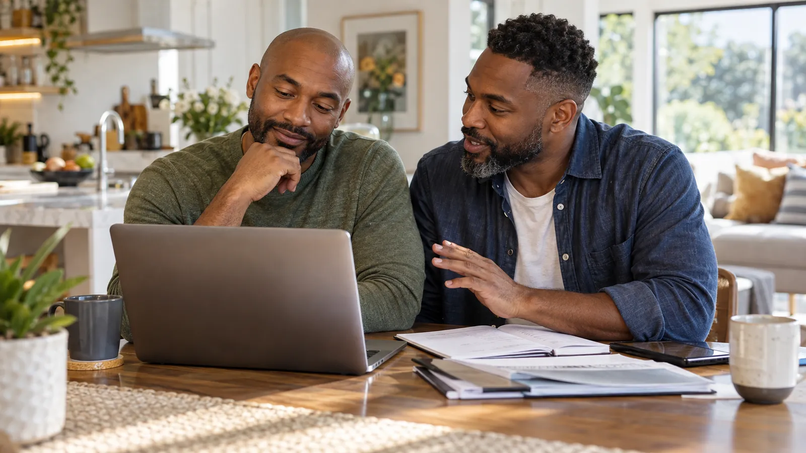 Two Black intended fathers reviewing surrogacy planning documents and a laptop together at a dining table.