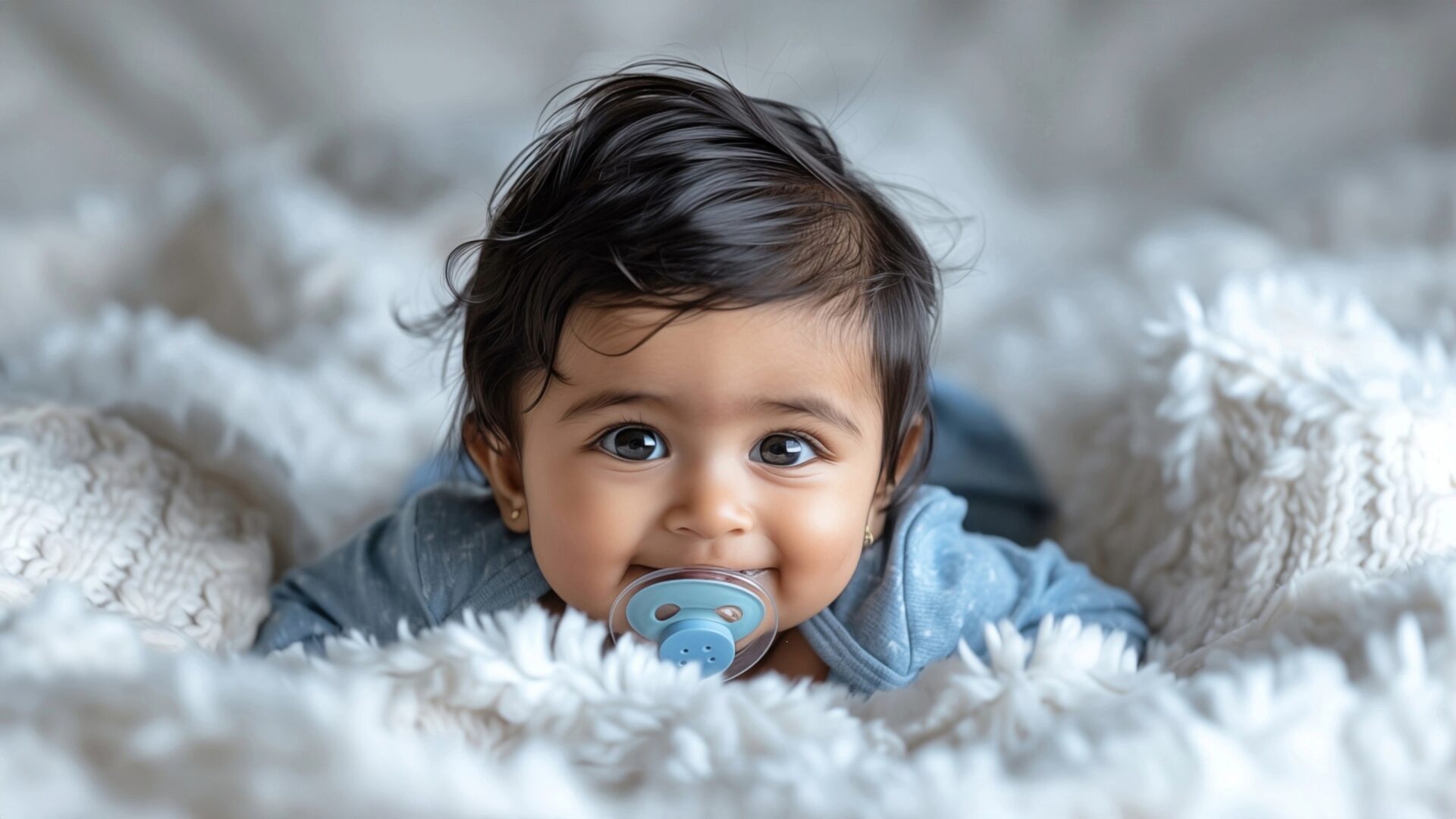 A baby with dark hair and a pacifier smiles while lying on a fluffy white blanket. The image conveys warmth and innocence.