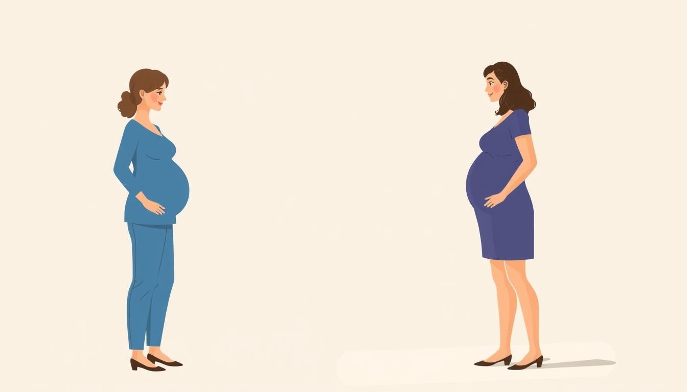 Illustration of two pregnant women facing each other. One wears a blue sweater and pants, the other a blue dress. Both appear calm and content.Illustration of two pregnant women facing each other. One wears a blue sweater and pants, the other a blue dress. Both appear calm and content.